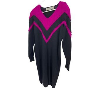 Betsy Lauren Knit Sweater Bodycon Dress Black Purple Dolman Long Sleeve Size L